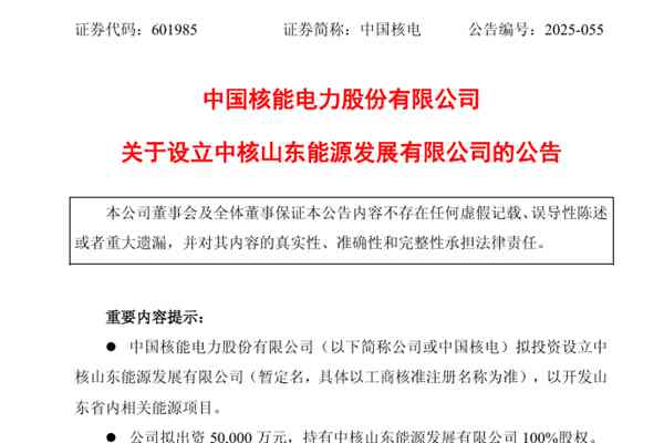 中國核電擬5億元設(shè)立全資子公司，開發(fā)山東省內(nèi)能源項目 